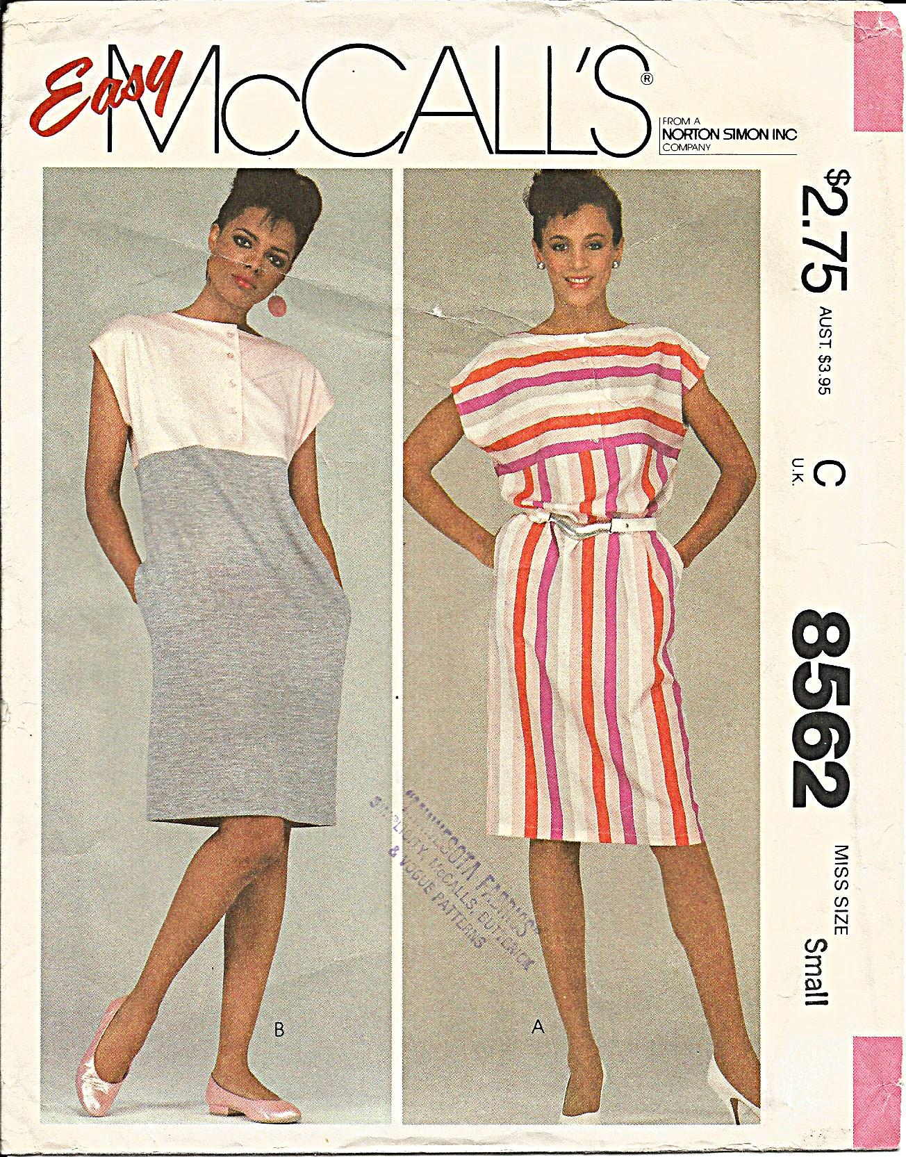 McCall's 8562, Vintage 1983 Sewing Pattern, Misses Pullover Shift Dress, Empire Waist Button Front Top, Straight Skirt, UNCUT FF, Size Small