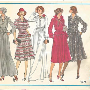 May include: A vintage sewing pattern for five different dress styles. The pattern is from Vogue's Basic Design and is numbered 1274. The dresses are shown in various colors and patterns, including a striped dress, a white dress, a red dress, and a floral print dress.
