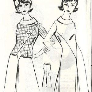 May include: Line drawing illustration of two women wearing dresses. The woman on the left is wearing a checkered jacket over a skirt. The woman on the right is wearing a sleeveless dress. Both women are wearing hats.