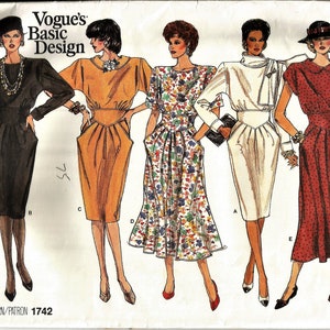 May include: A vintage sewing pattern for five different dress styles. The pattern is called "Vogue's Basic Design" and the pattern number is 1742. The dresses are shown in black, orange, floral print, white, and red with white polka dots.