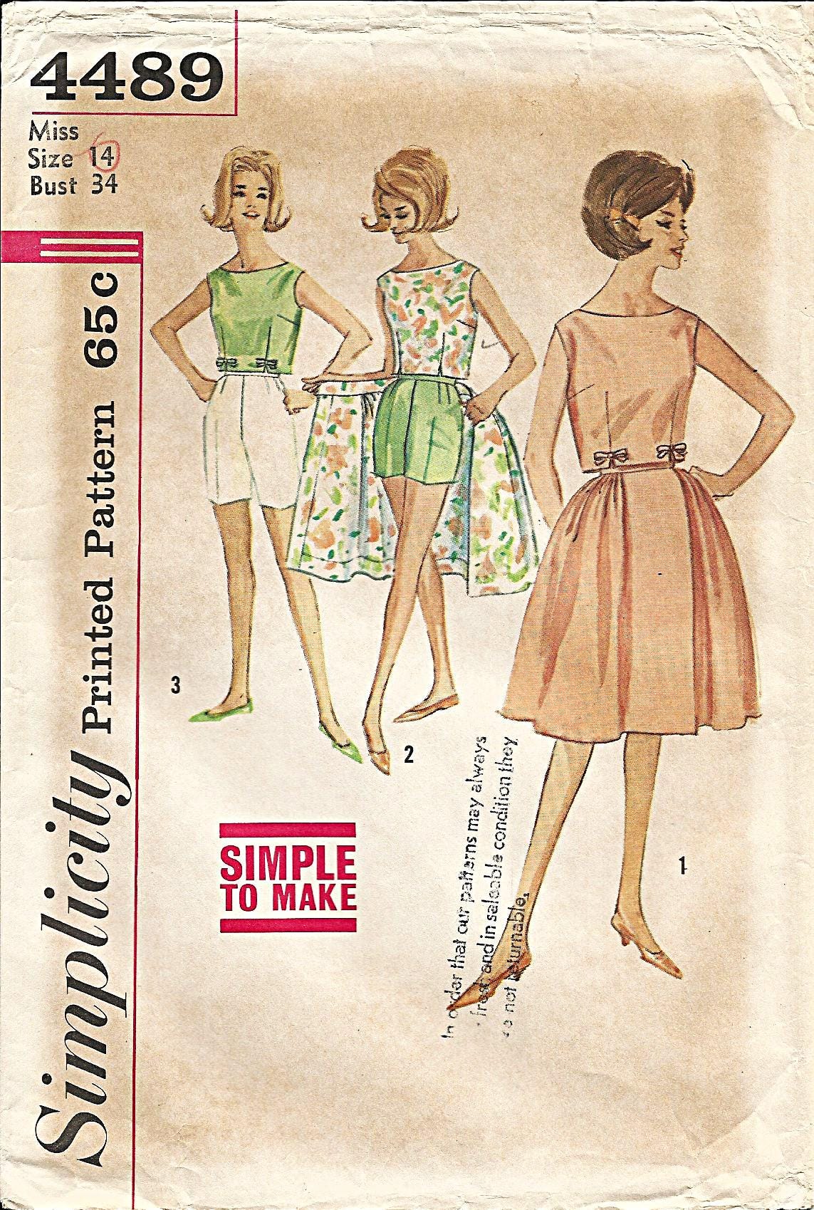 Simplicity 4489, Vintage 1962 Sewing Pattern, Misses Scoop Neck Sleeveless Top, Bermeuda or Short Shorts, Wrap Skirt, Partially Cut, Bust 34