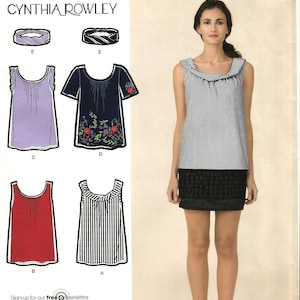 May include: Simplicity pattern 2593 by Cynthia Rowley. The pattern includes illustrations of tops and a skirt. The model is wearing a striped top and black skirt. The pattern includes sizes H5 6,8,10,12,14.