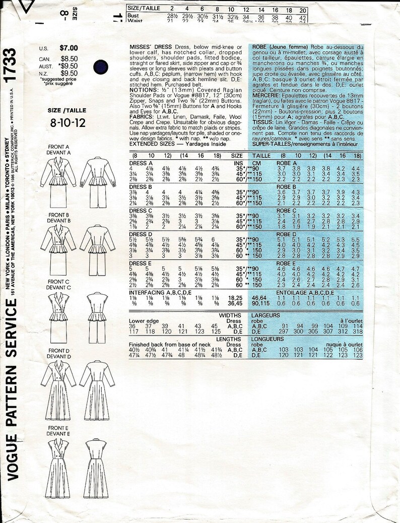 Vogue 1733 Vintage 1986 Sewing Pattern Vogue Basic Design - Etsy