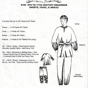 May include: A vintage sewing pattern for 9th to 17th century menswear, including a sherte, tunic, and braies. The pattern features illustrations of the garments and fabric requirements. Chest size fits up to 48 inches, waist 42 inches.