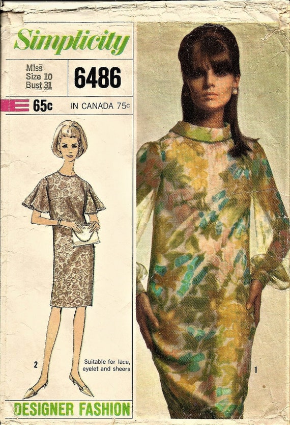Simplicity 6486 Vintage 1966 Womans Sheath Dress Pattern, Lace Sheer or  Eyelet Fabric, Flutter or Bishop Sleeve, Designer Fashion Size 10 - Etsy