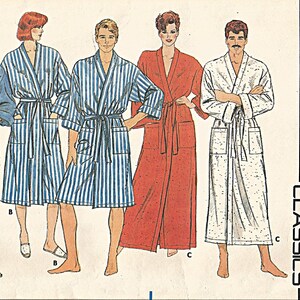 May include: A sewing pattern for four robes, two with striped patterns, one red, and one white. The pattern is for size X-Large and is from Butterick Classics.