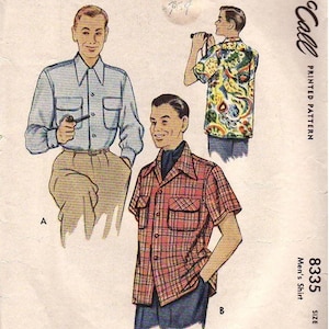 McCall&#39;s 8335, Vintage 1950 Sewing Pattern, Men&#39;s Sports Shirt, Long or Short Sleeves, Convertible Collar, Patch Pockets With Flaps RARE
