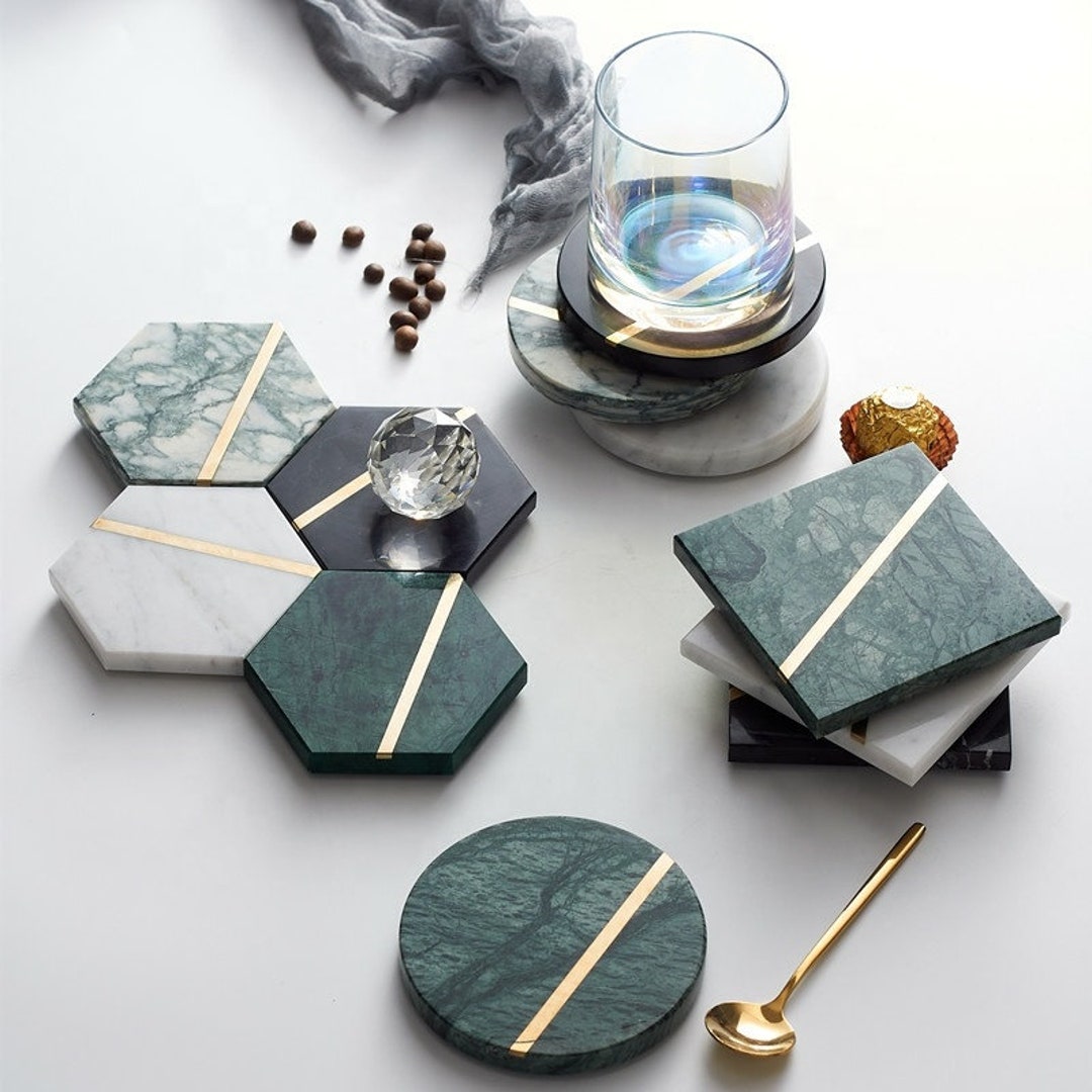 Luxury Natural Marble Coasters With Gold Brass Inlay Coaster Etsy UK