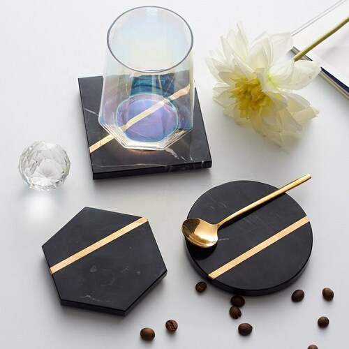 Luxury Dark Green Natural Marble Coasters With Gold Brass Etsy