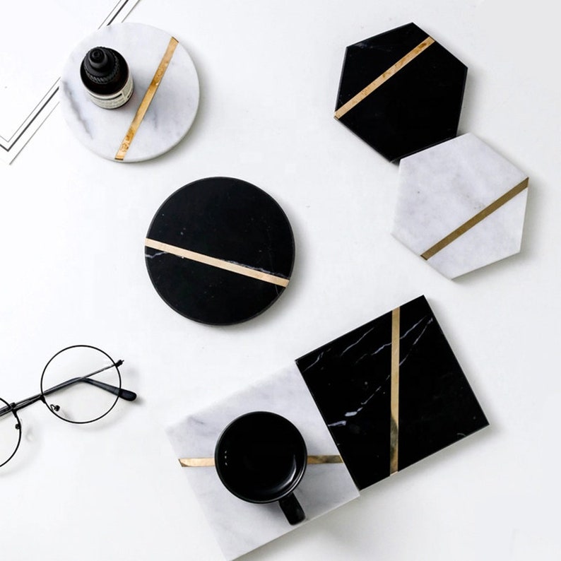 Luxury Natural Marble Coasters With Gold Brass Inlay Coaster Etsy UK