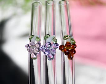 Cute Grape Glass Straw, Borosilicate Reusable Bent Straw with Cleaning Brush, Aesthetic Drink Accessory, Eco-Friendly Gift