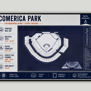 May include: A digital download wall art print of Comerica Park in Detroit, Michigan. The graphic features a dark blue stadium seating map, the text Comerica Park, 2100 Woodward Avenue, and details about the Detroit Tigers home stadium capacity.