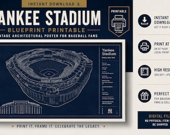Op de afbeelding: Een donkerblauwe architecturale blauwdrukposter van Yankee Stadium in de Bronx, New York. De print bevat een gedetailleerde illustratie van het stadion, een zijaanzicht en tekst met feiten over het stadion, inclusief het logo van de New York Yankees.