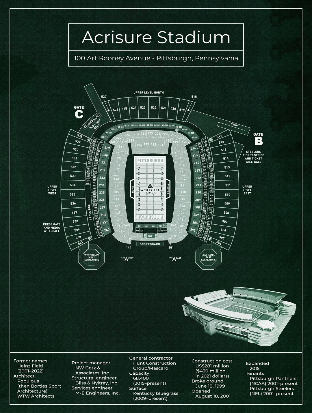 Poster Acrisure Stadium Blueprint Art Print Vertical Vintage Etsy