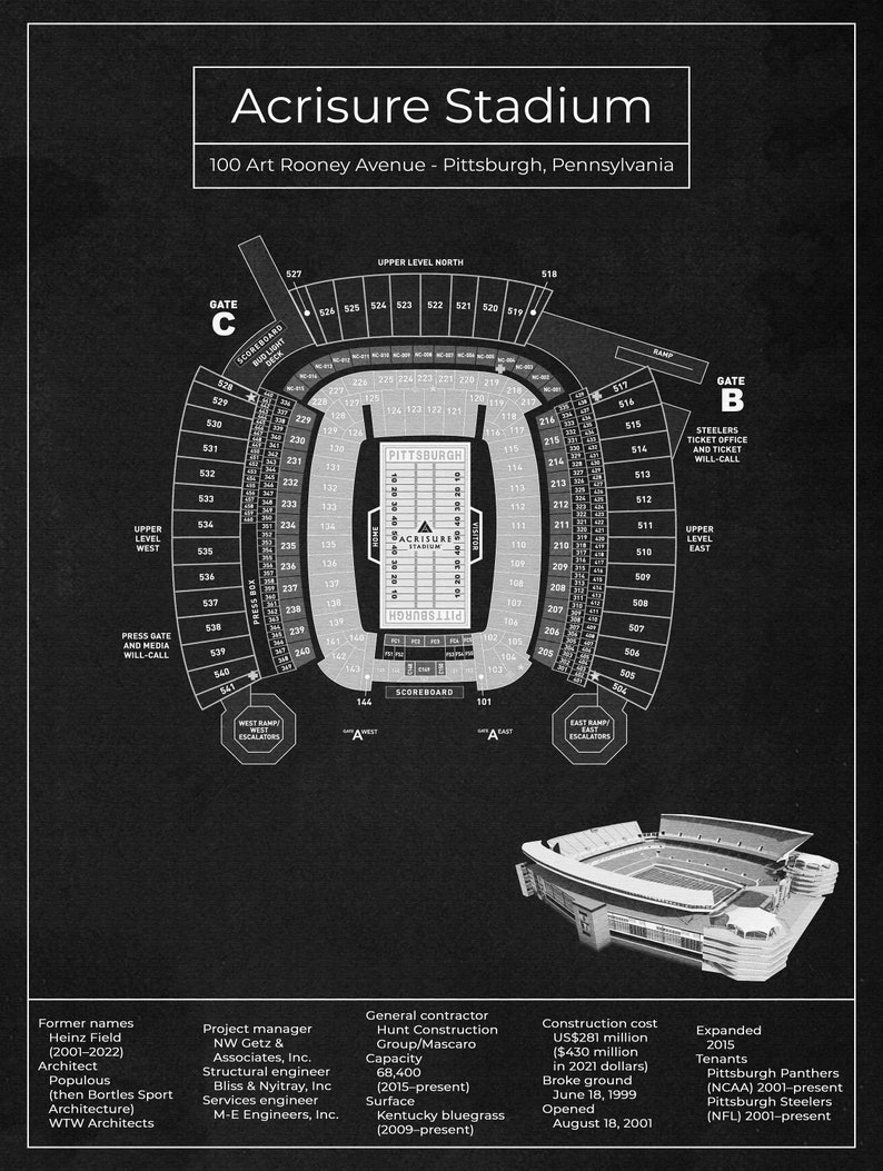 Acrisure Stadium, Blueprint Art Print Vertical Black, Vintage Wall Art