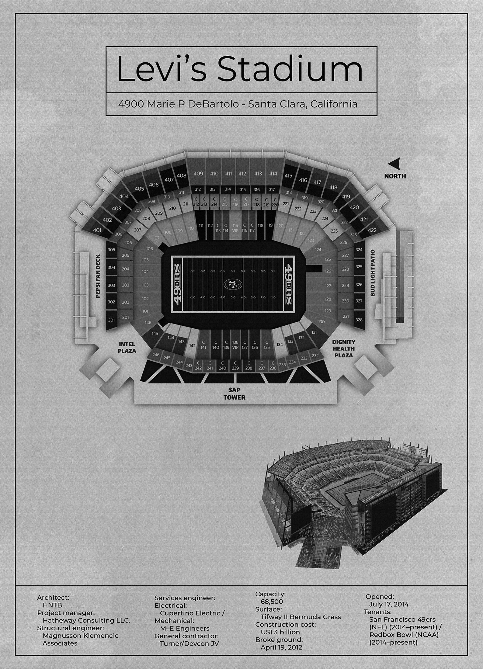 Poster Levi's Stadium, Blueprint Art Print, White, Vertical, Vintage