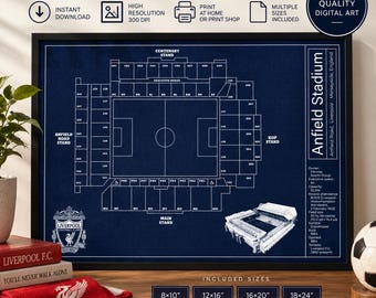 Anfield Stadium-ritning | Liverpool fotbollsväggkonst | Fotbollsarenaaffisch | Utskrivbar digital nedladdning | Vintage sportdekor