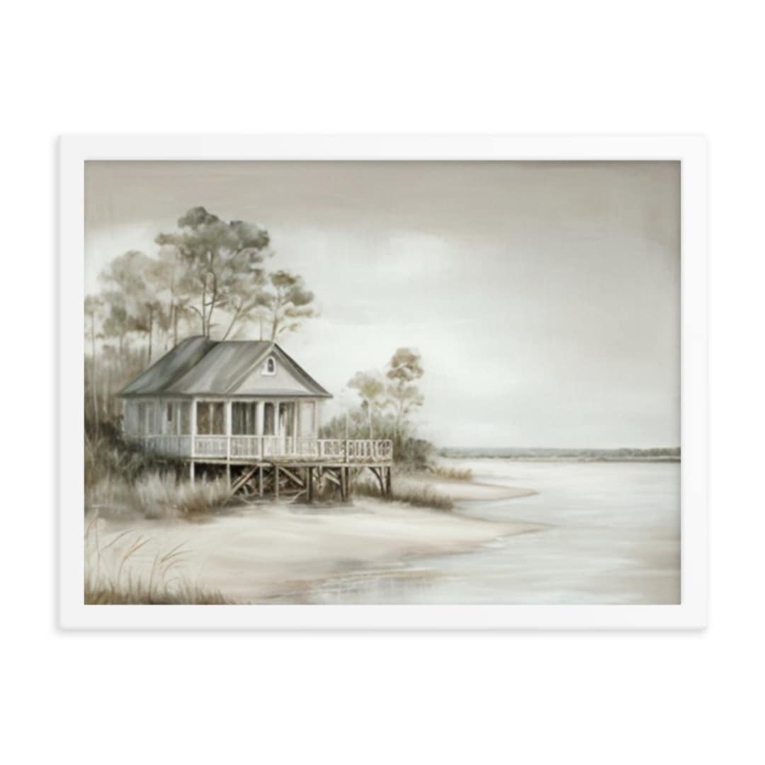 Beach House Art Print Neutral Colors Vintage Coastal Painting