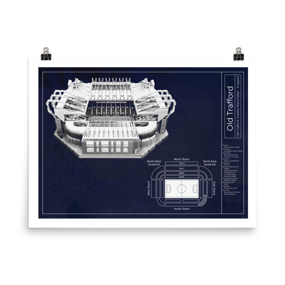 Poster Old Trafford Stadium Blueprint Navy Vintage Wall Art Manchester