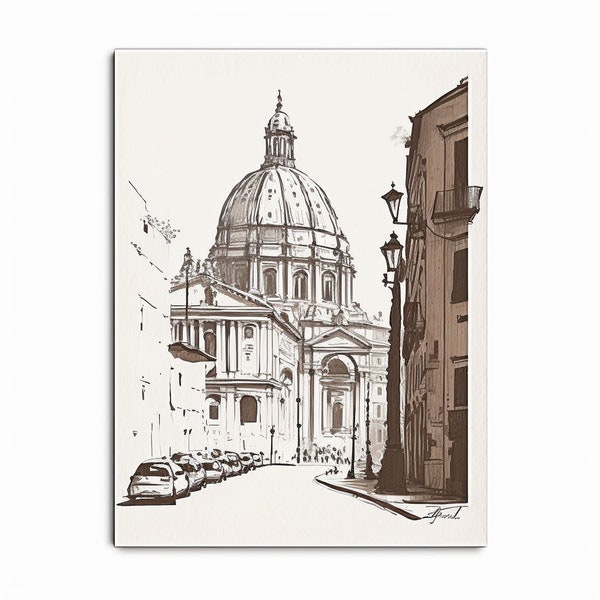 Neutre Rome Cityscape Sketch Art - Antique Architecture Wall Art - Église du Vatican - Ville Dessin - IMPRIMABLE - Téléchargement numérique