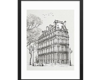 Neutral Paris France Cityscape Sketch Art - Antique Architecture Wall Art - City Drawing - PRINTABLE - Digital Download