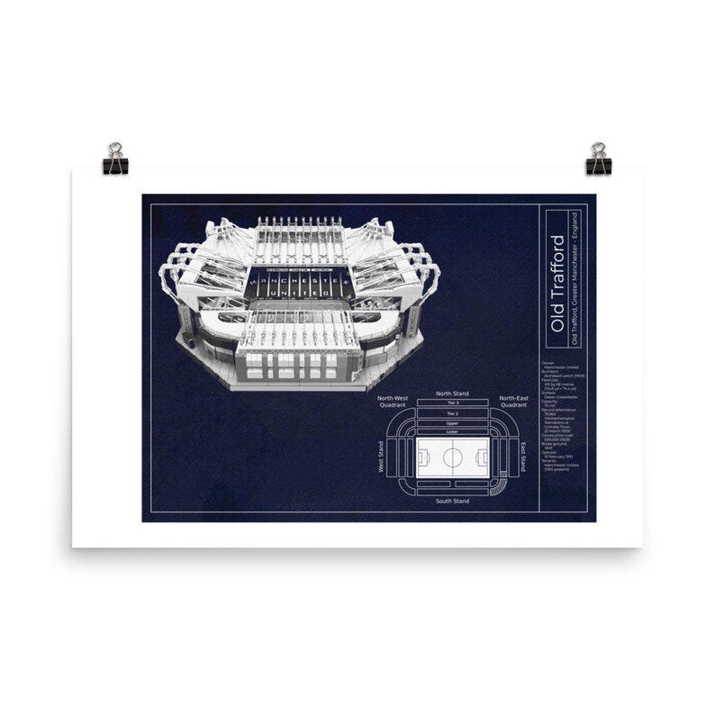 Poster Old Trafford Stadium Blueprint Navy Vintage Wall Etsy