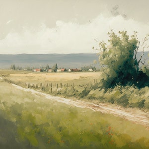 May include: A dirt road winds through a field of green grass and brown hay, leading to a small village in the distance. The sky is a light blue with white clouds.