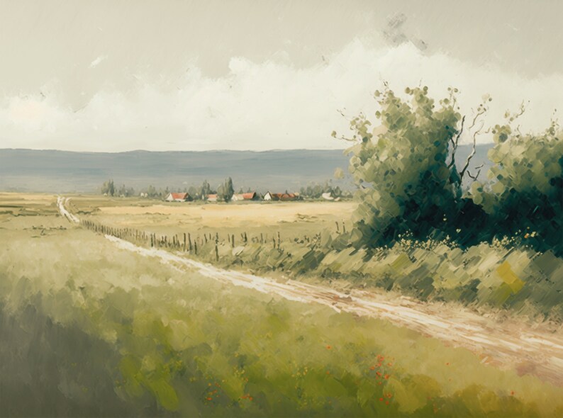 May include: A dirt road winds through a field of green grass and brown hay, leading to a small village in the distance. The sky is a light blue with white clouds.