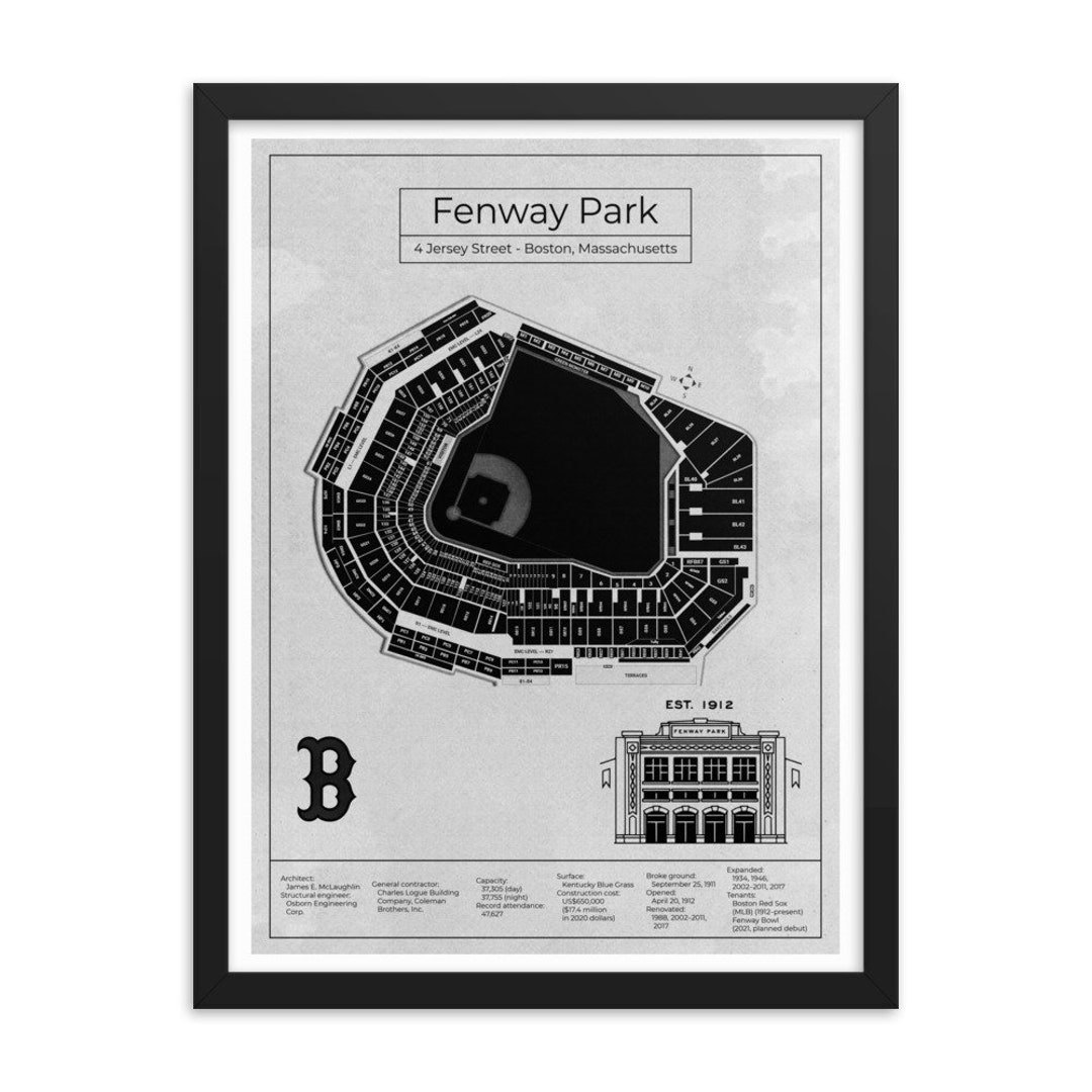 Framed Poster Fenway Park Blueprint Art Print White Etsy