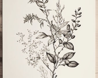 May include: A detailed black and white botanical illustration of various plant stems, leaves, and buds. The artwork features a variety of textures and shading, creating a realistic depiction of the plant life. The composition is centered on a white background.