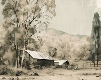 May include: Sepia-toned landscape art print featuring a rustic barn with a metal roof, a wooden fence, and a large tree. The artwork evokes a serene rural scene with a mountain backdrop.