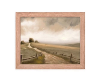 May include: A painting of a dirt road leading through a field with a wooden fence on either side. The sky is cloudy and the field is a light brown color.