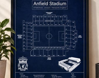 Anfield Stadium-ritning | Liverpool fotbollsväggkonst | Fotbollsarenaaffisch | Utskrivbar digital nedladdning | Vintage sportdekor