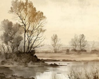 May include: Sepia-toned watercolor landscape featuring a tranquil lake scene. Bare trees stand on the shore and in the distance, with a hazy sky overhead. The artwork evokes a sense of calm and natural beauty.
