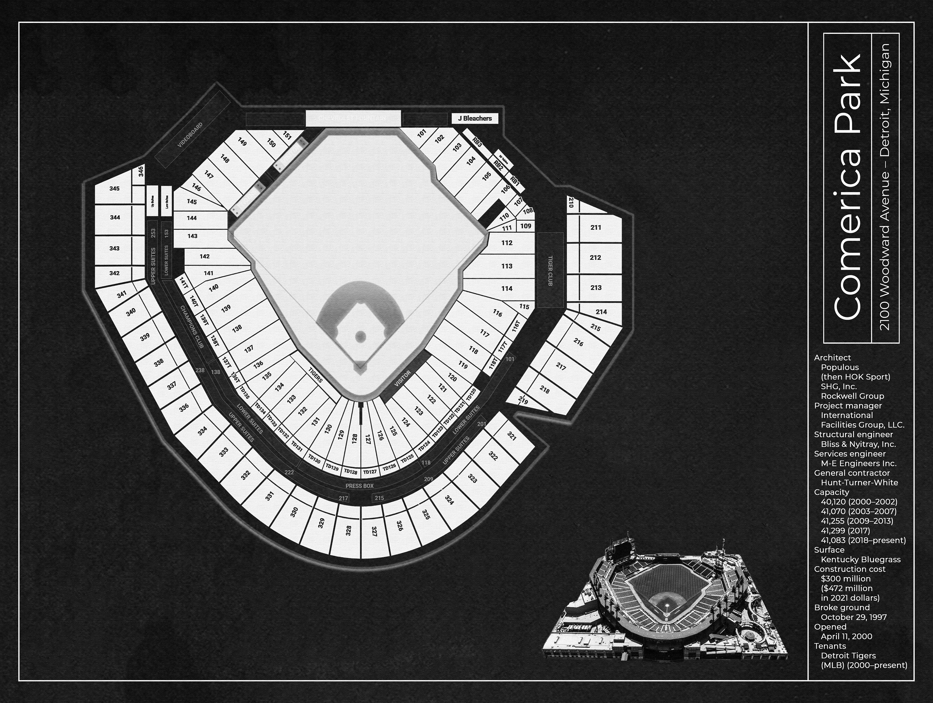 Poster Comerica Park, Blueprint Art Print, Black, Vintage Wall Art ...