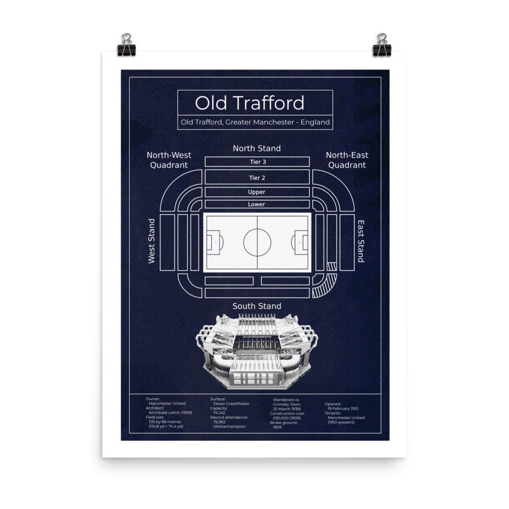 Poster Old Trafford Stadium – Blueprint Art Print Navy Vertical – Vintage Wall Art – Manchester United – Gift – PRINTABLE – DIGITAL Download