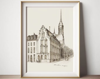 Neutral Paris Cityscape Sketch Art - Antique Architecture Wall Art - Paris City Drawing - PRINTABLE - Digital Download - Minimalist Decor