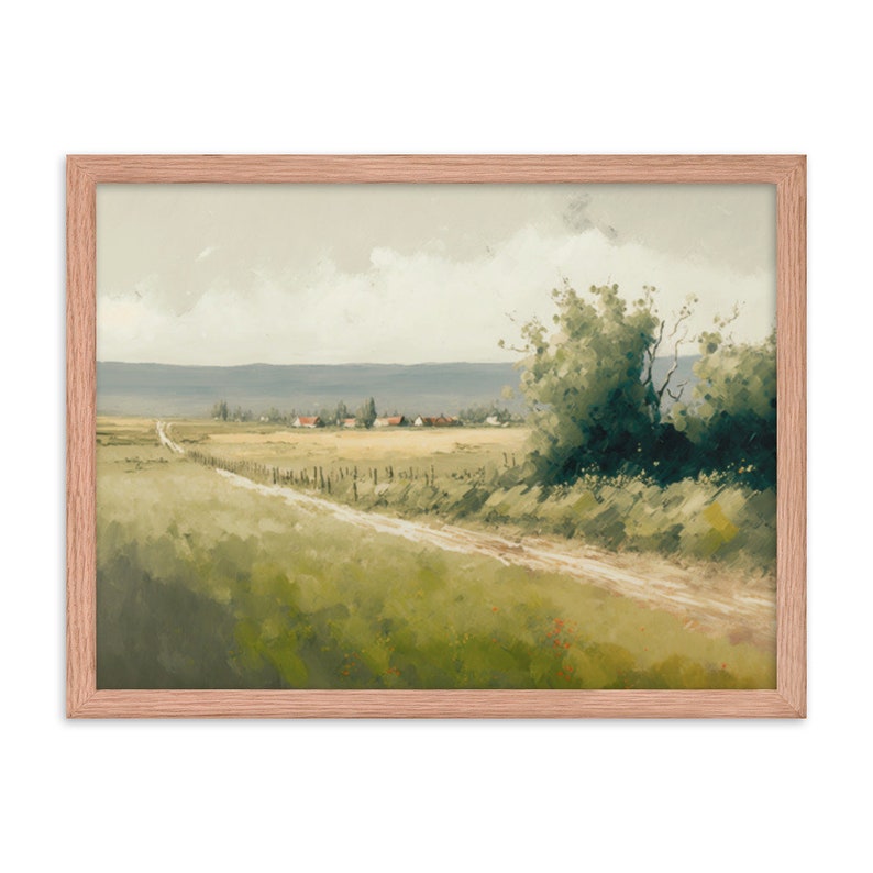 May include: A painting of a dirt road winding through a green field towards a small village in the distance. The sky is cloudy and the trees are green.