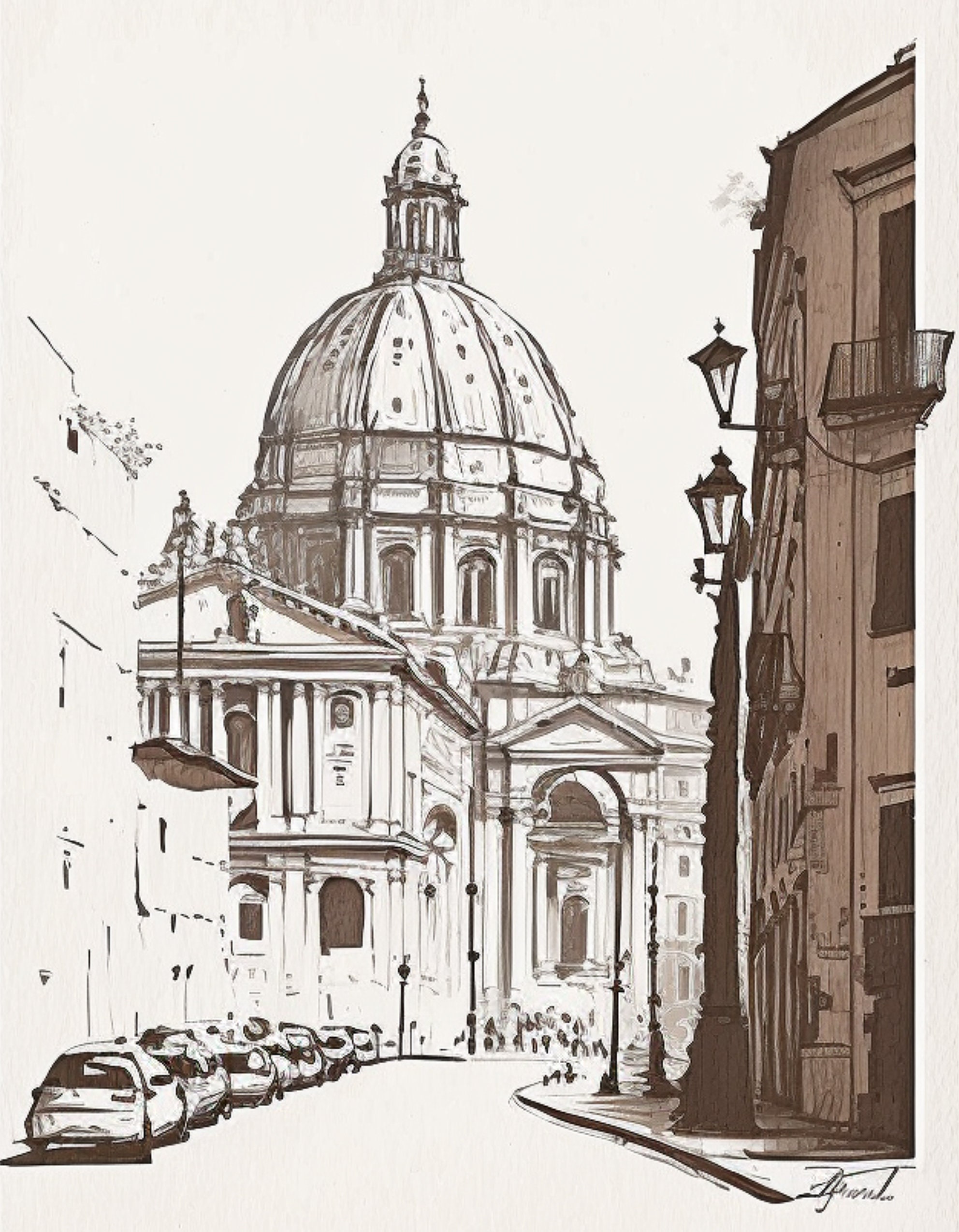 Neutral Rome Cityscape Sketch Art - Antique Architecture Wall Art ...
