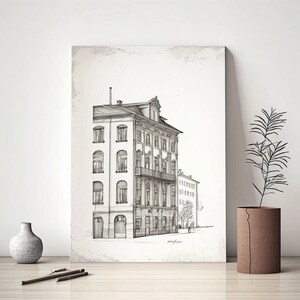Antique Architecture Wall Art - Neutral Cityscape - Sketch Art - City Drawing Print - PRINTABLE - Digital Download - Minimalist Art
