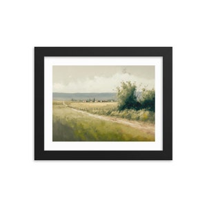 May include: A painting of a dirt road leading to a small town in the distance. The road is lined with green grass and trees. The sky is cloudy and gray.