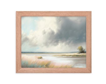 May include: A framed painting of a landscape with a river, grass, and a cloudy sky. The sky is a mix of light blue and gray, with fluffy white clouds. The river is a light blue color, and the grass is a light green color.
