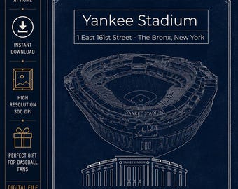 Op de afbeelding: Een donkerblauwe architecturale blauwdrukposter van Yankee Stadium in The Bronx, New York. De print bevat een gedetailleerde lijntekening van het stadion, tekstlabels en gegevens inclusief veldafmetingen van 97 m, 124 m en 96 m.