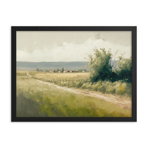 May include: A painting of a dirt road leading to a small village in the distance. The road is lined with trees and bushes, and the sky is cloudy. The painting is done in a realistic style, with muted colors.