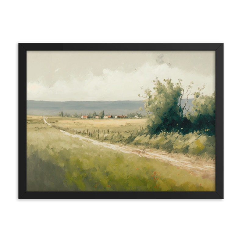 May include: A painting of a dirt road leading to a small village in the distance. The road is lined with trees and bushes, and the sky is cloudy. The painting is done in a realistic style, with muted colors.