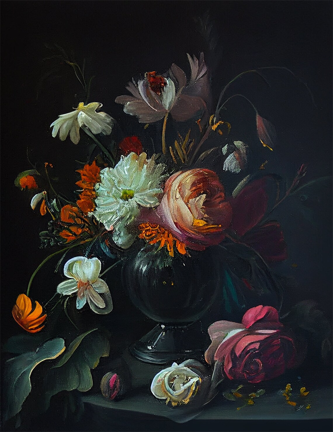 Moody Antique Flowers Print - Floral Still Life Oil Painting ...