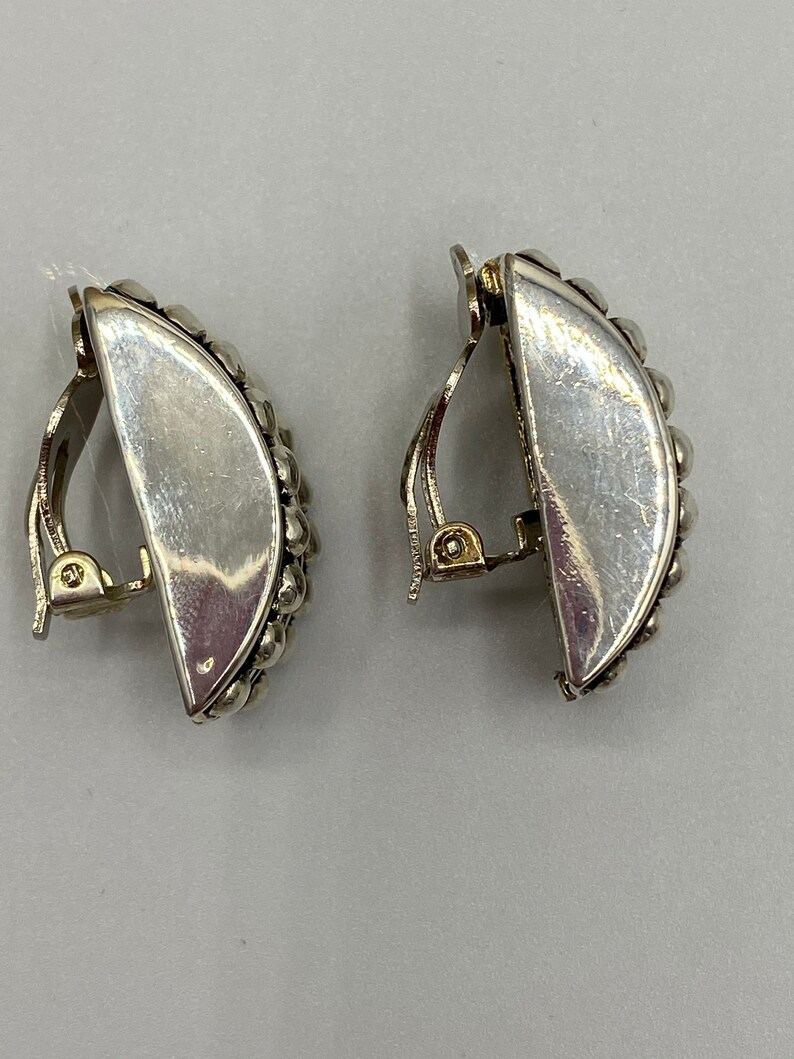 Large and Chunky Vintage Silver Tone Clip On Earrings in Half Moon Half Round Excellent Condition