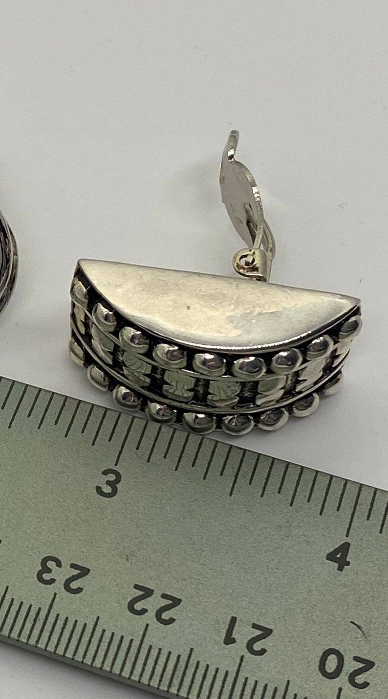 Large and Chunky Vintage Silver Tone Clip On Earrings in Half Moon Half Round Excellent Condition