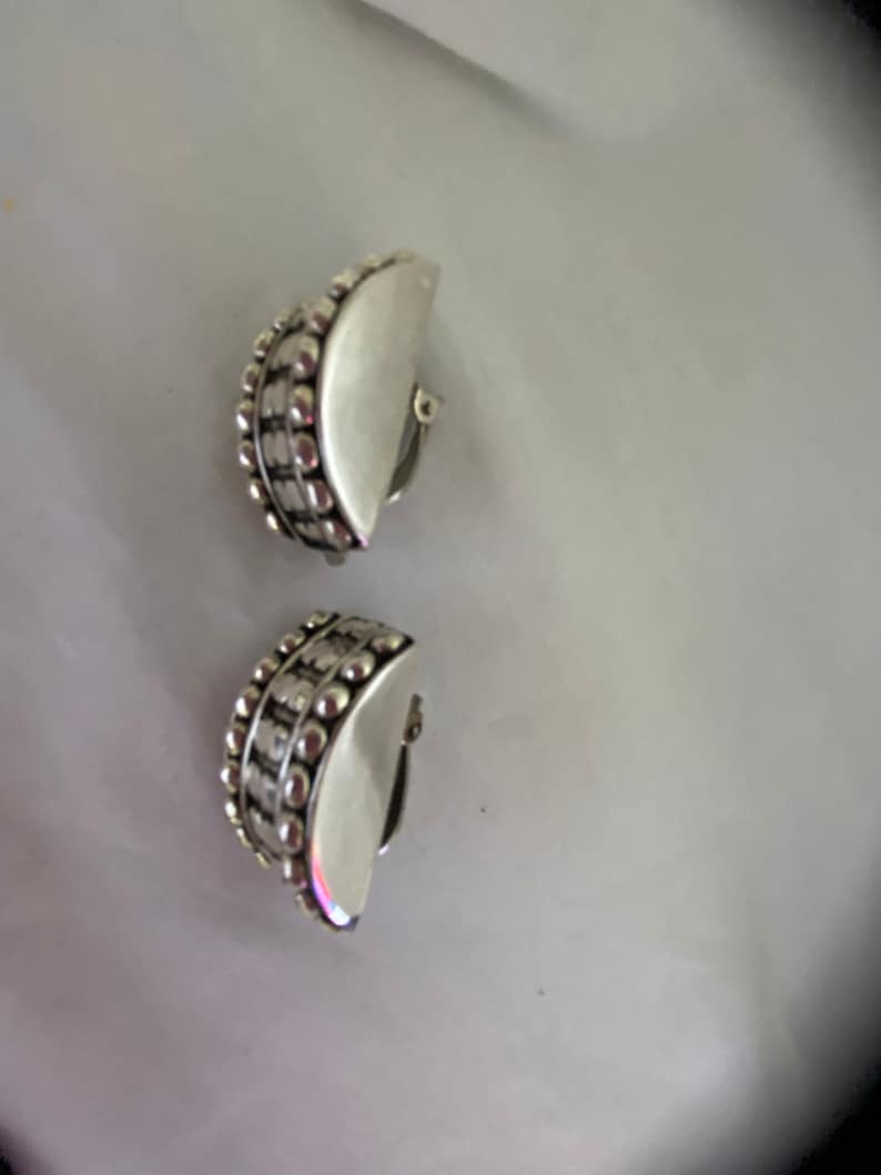 Large and Chunky Vintage Silver Tone Clip On Earrings in Half Moon Half Round Excellent Condition