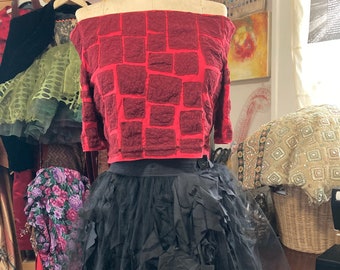 Black Tulle and Scrap Wrap Skirt and Upcycled Red Patchy Crop Top